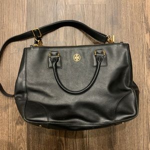 Tory Burch Black Robinson Double Zip Satchel Tote Purse Royal Blue Liner